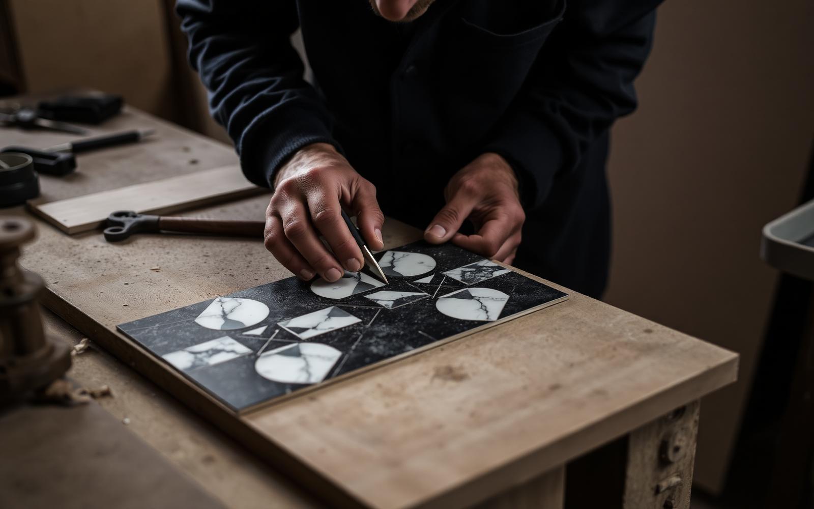 Craftsman assembling a waterjet-cut marble inlay panel