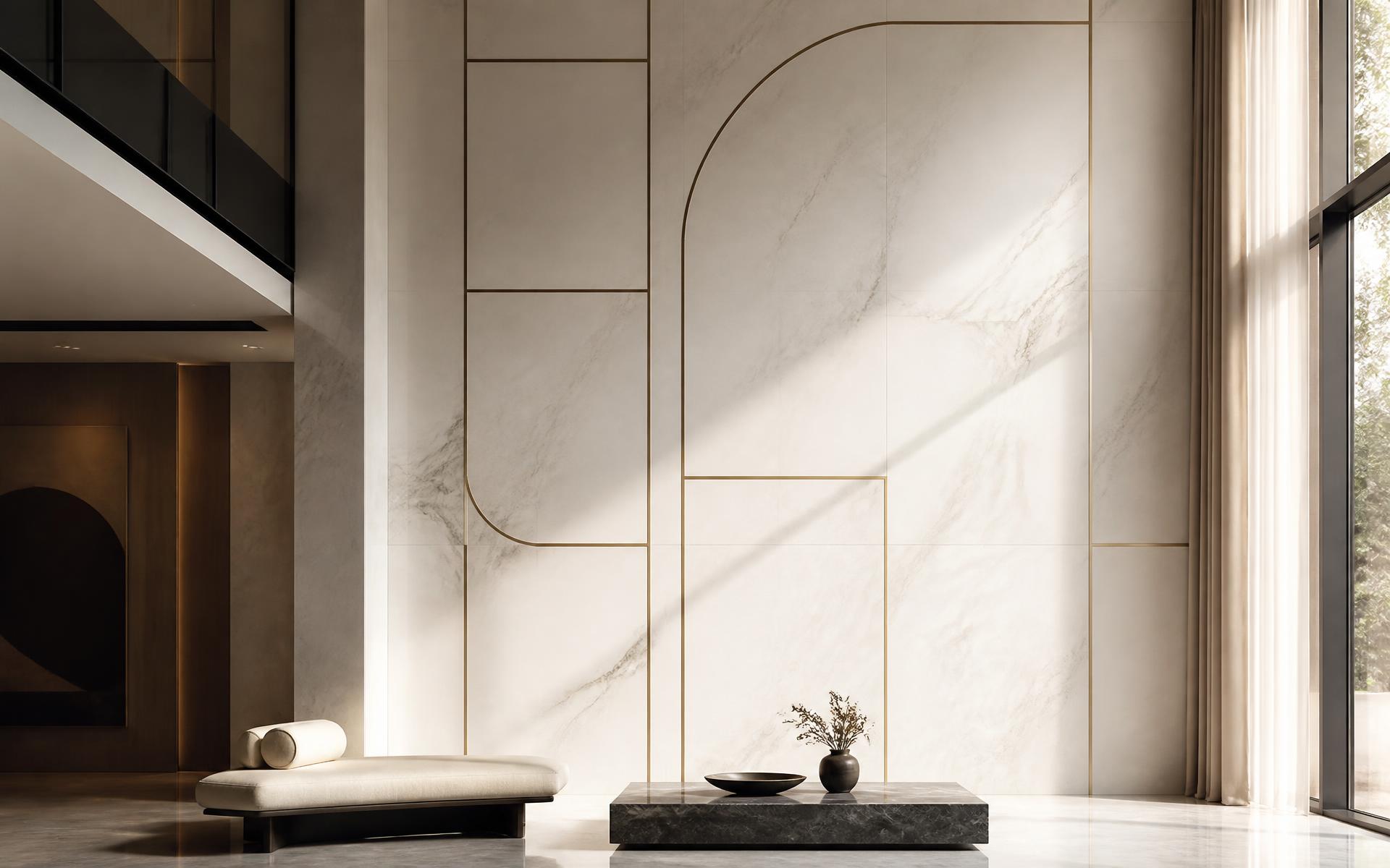 Double-height marble feature wall with fine brass inlay linework
